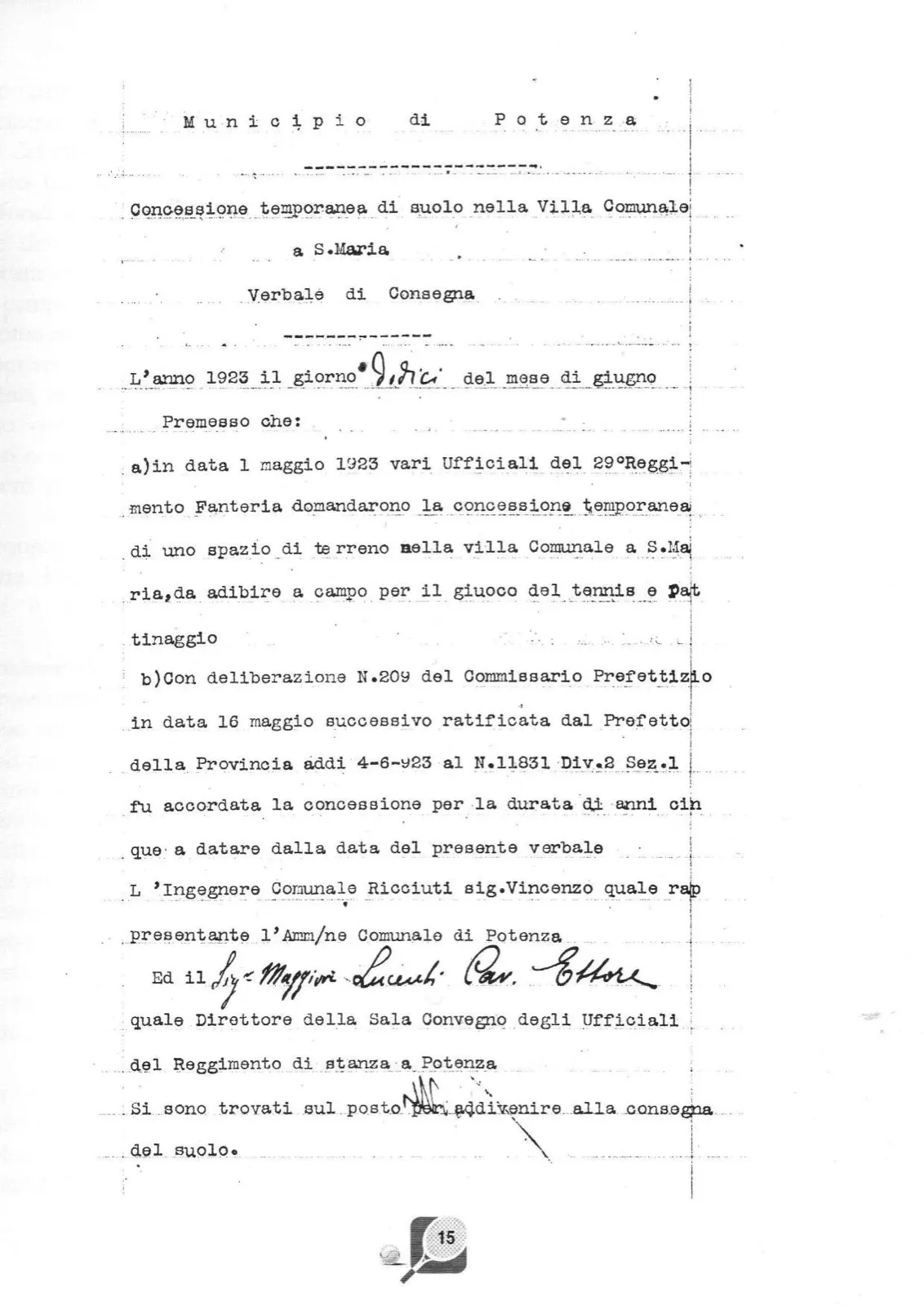 Verbale di concessione del Comune di Potenza — 12 giugno 1923 (pag. 1)